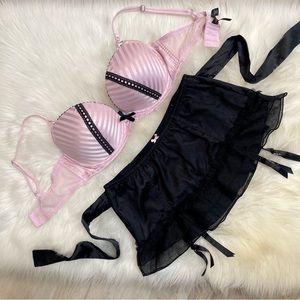 36D VS Victoria’s Secret Sexy little things pink stripe Bra  ruffle garter skirt